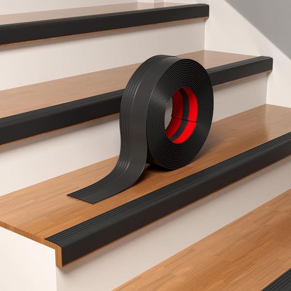 Black 10F Vinyl Rubber Stair Tread Cover Set of 1, Non-Slip Self-Adhesive Edge Protector for Indoor/Outdoor Stairs