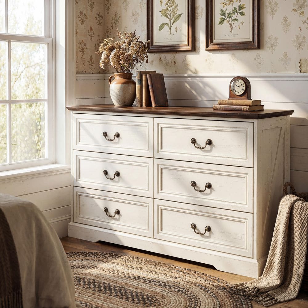 white and light brown dresser Lofka Two-Tone Dresser for Bedroom - 6 Drawer White Cabinet & Gray Top,  Contemporary Storage Dresser, Sturdy Bedroom Dresser with Metal Handles &  Anti-Tip Design