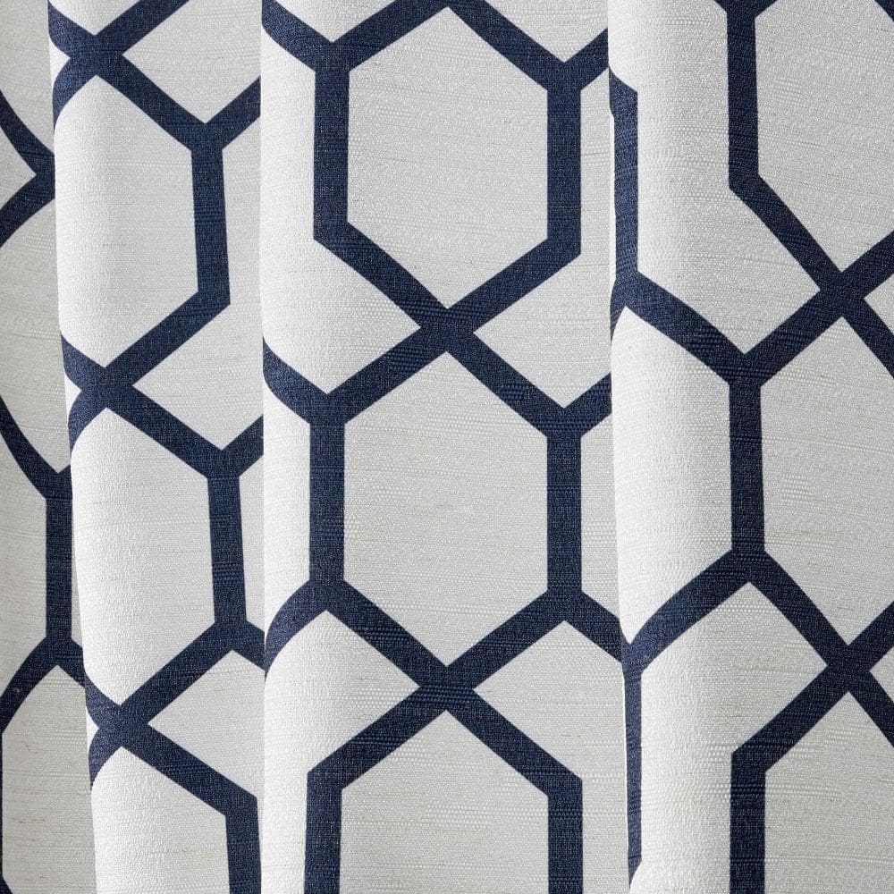Indigo Blue Geometric Print Linen Blend Rod Pocket Drapes, 54" x 84"