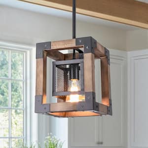 LIBERTAB 8.7 in.W 1-Light Black and Brown Wood Cage Pendant Farmhouse Rustic Hanging Light for Foyer Entryway Dining