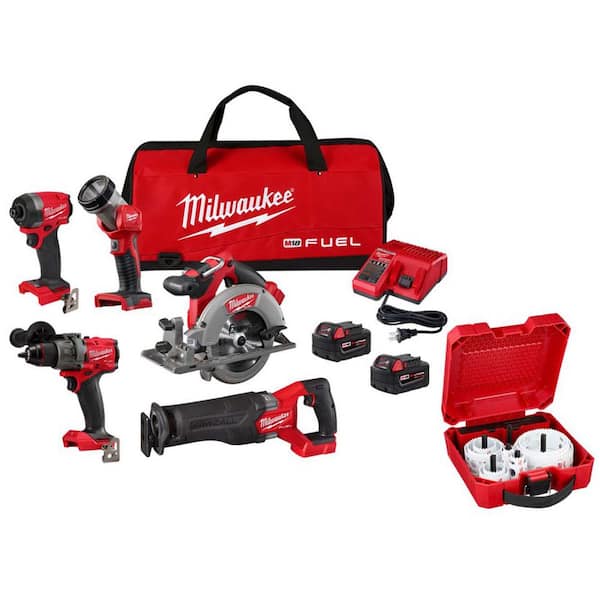 M18 FUEL 18V Lith-Ion Brushless Cordless Combo Kit (5-Tool) w/ Two 5.0 Ah Batteries, Charger, Tool Bag, & Hole Saw Set