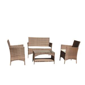 4-Piece PE Rattan Wicker outdoor Garden Patio Furniture Sectional Set with White Cushion