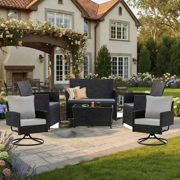 6-Piece Outdoor Wicker Bar Set with Iron Table Top