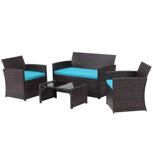 Brown 4-Piece Wicker Patio Rattan Furniture Set With Waterproof Blue Cushions and Coffee Table