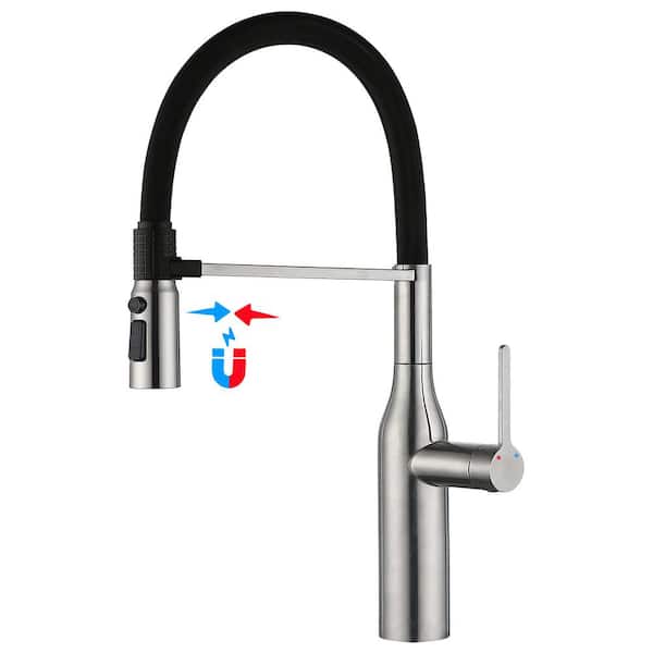 Magnetic 22 in. Single Handle Pull Down Sprayer Kitchen Faucet with Magnetic Spray 360° Spout Swivel in Brushed Nickel