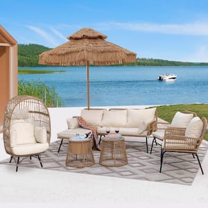 7 Piece Boho Natural Wicker Patio Outdoor Sofa Set with Ice Bucket and Egg Chair with Beige Cushions