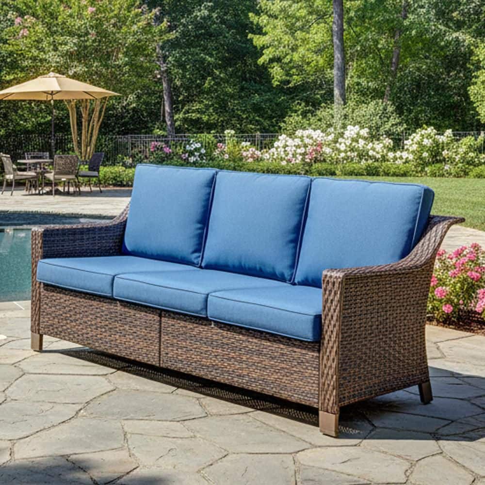 Skinny Guy Series 3-Seat Brown Wicker Outdoor Patio Sofa Couch with Cushion Guard Blue Cushions price history on PriceWatchPro