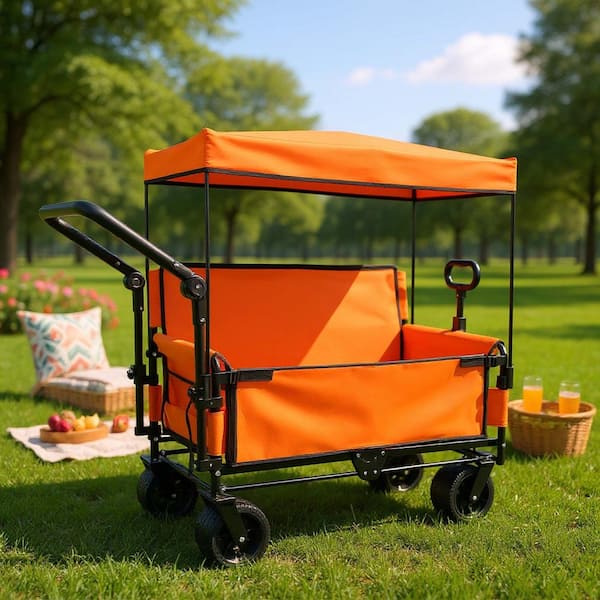 3-in-1 Folding Wagon Cart with Bench Seat & Canopy & Storage, 500lbs Heavy-Duty, 180L Capacity, All-Terrain Wagon