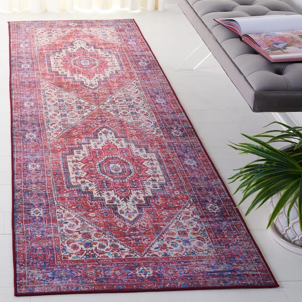 Tucson Red/Blue 3 ft. x 8 ft. Machine Washable Ikat Border Medallion Runner Rug