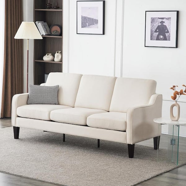 Karl home 72.9 in. Slope Rectangle Arm Cotton and Linen Modern 3-Seater Straight Reclining Sofa in Off-White