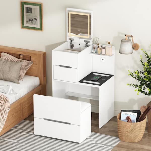 FUFU&GAGA 2-Drawer Lights Makeup Vanity Set in White with Flip-Top Mirror, Wireless Charging Table and USB, Socket Ports, Stool
