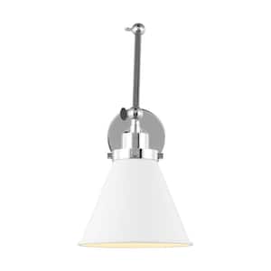 Wellfleet 7.25 in. W 1-Light Matte White/Polished Nickel Double Arm Cone Task Wall Sconce with Steel Shade
