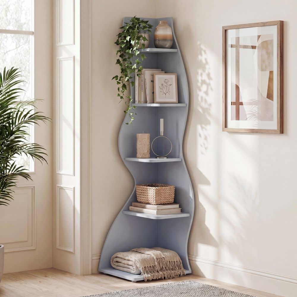 BYBLIGHT Eulas 69.8 in. Tall Blue Wood 5-Shelf Standard Bookcase