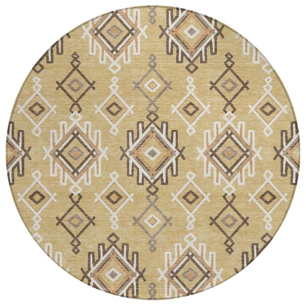 Chantille Machine Washable Indoor/Outdoor Abstract ACN3042 Gold 8 ft. x 8 ft. Round Rug