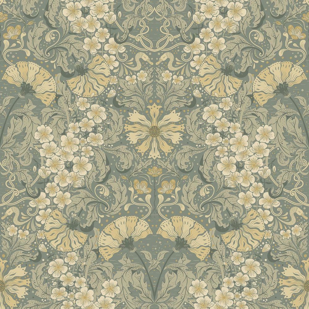 Ojvind Sea Green and Yellow Floral Damask Wallpaper Roll