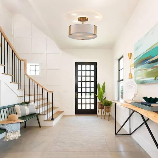 14 in. 3-Light Gold Semi-Flush Mount with White Fabric Shade