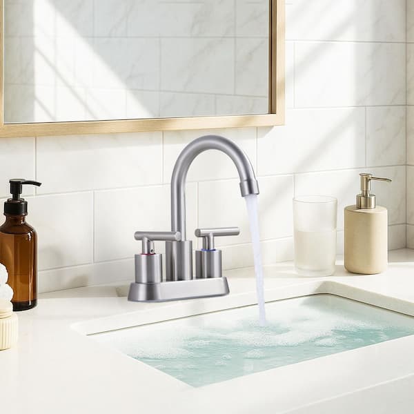 4 in. Centerset Double Handle High Arc Bathroom Faucet with Drain Kit Included in Brushed Nickel