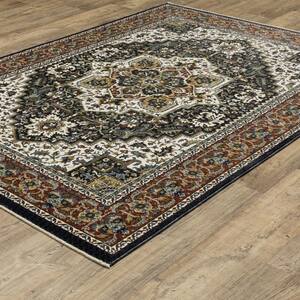 Victoria Navy/Multi-Colored Navy 4 ft. x 6 ft. Center Oriental Medallion Polyester Fringed-Edge Indoor Area Rug