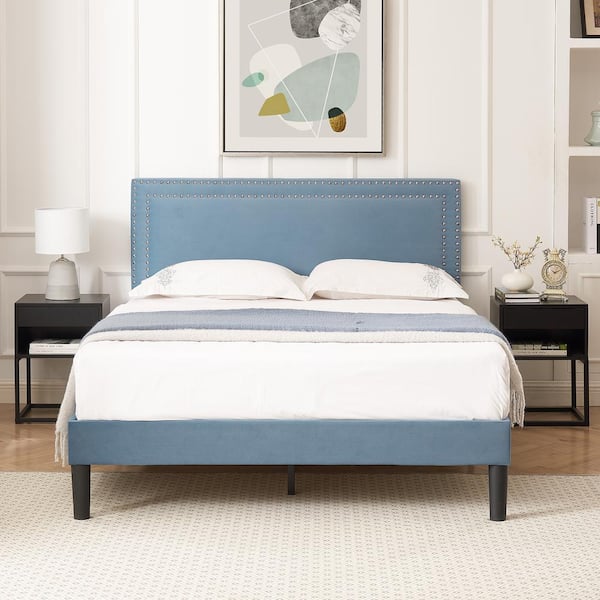 VECELO Upholstered Bed Light Blue Metal Frame Queen Platform Bed with Adjustable Headboard, No Box Spring Needed Bed Frame