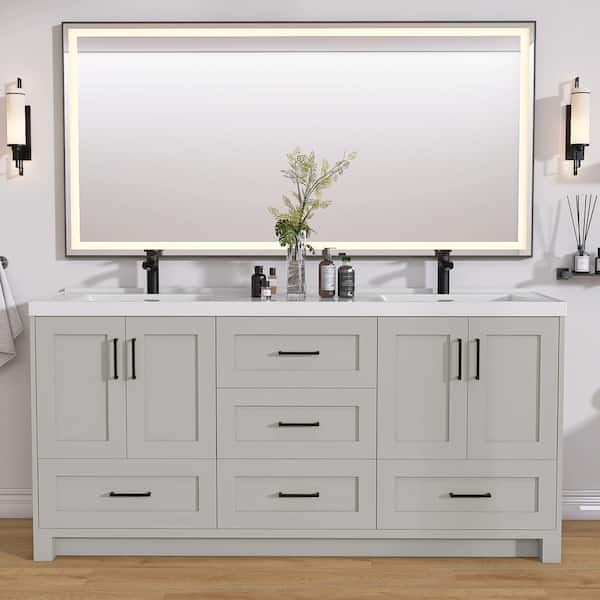 Getpro 72 in. W x 22 in. D x 35 in. H Freestanding Double Sink Bath Vanity Cabinet in Light Gray with White Solid Surface Top