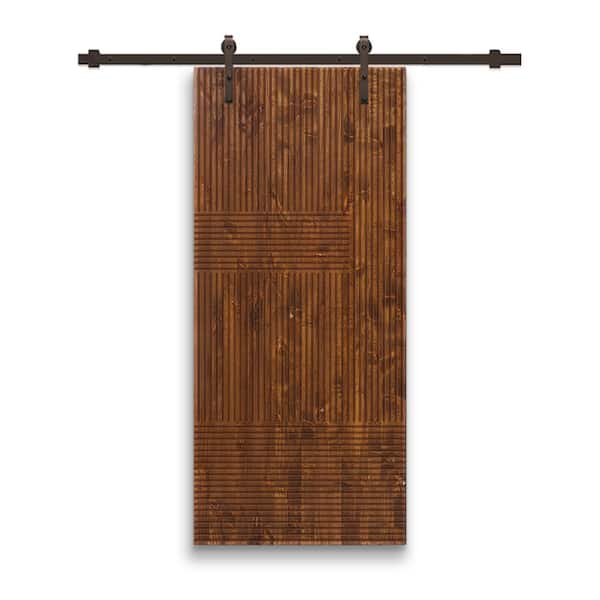 CALHOME Japanese 30 in. x 80 in. Pre Assemble Walnut Stained Wood Interior Sliding Barn Door with Hardware Kit