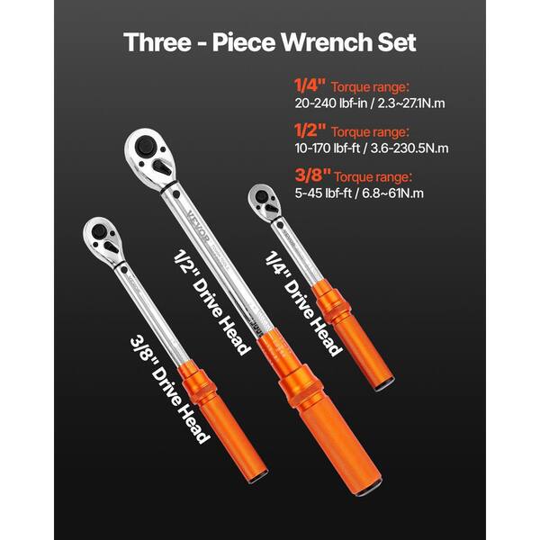Click Torque Wrench Set, 3 Pieces, 1/4,3/8,1/2 in. Drive, 10-170 lbf-ft., 5-45 lbf-ft., 20-240 lbf-in., Dual-direction