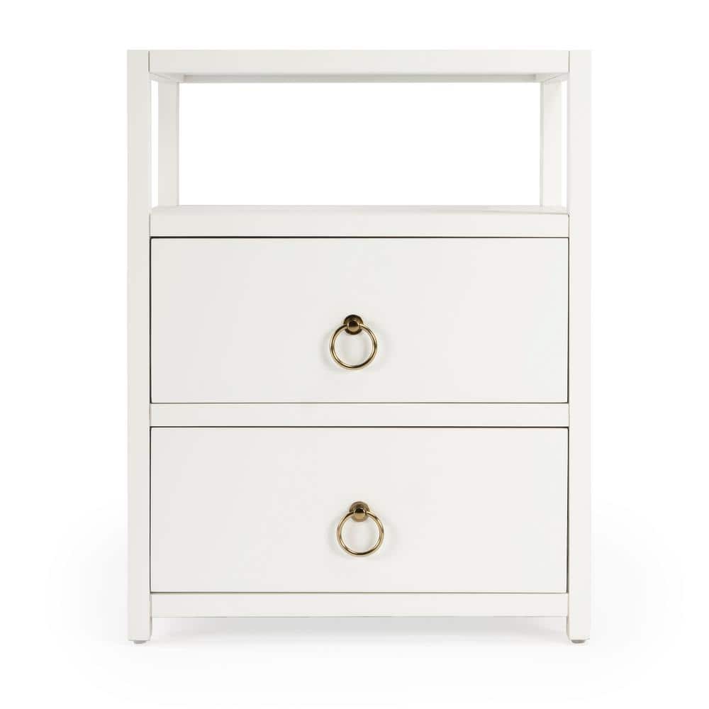 Luxe Minimalist White Acacia 2-Drawer Nightstand with Open Shelf
