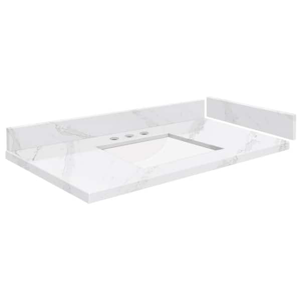 Transolid Silestone 34 in. W x 22.25 in. D Quartz White Rectangular Single Sink Vanity Top in Calacatta Gold