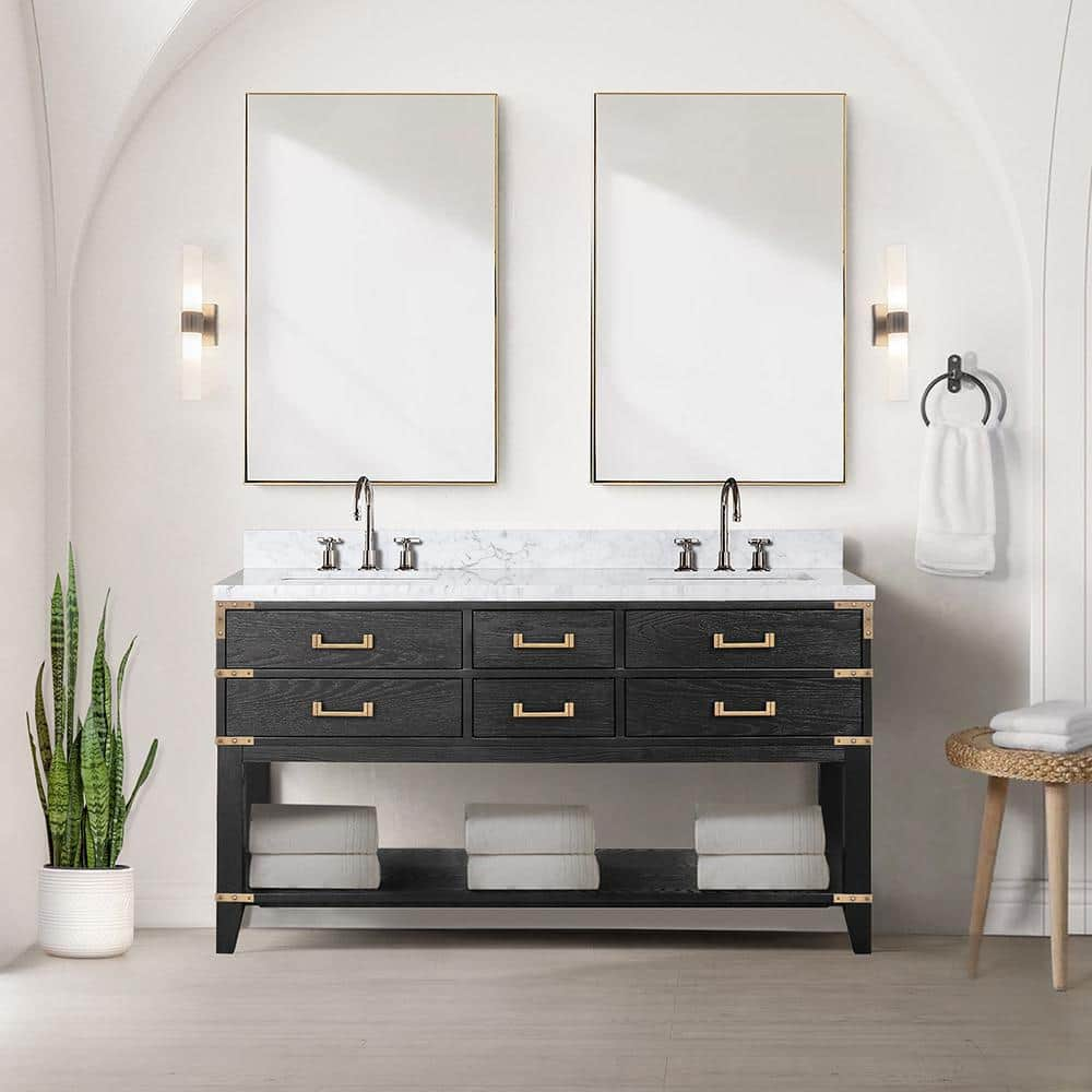 Irvington 60 in W x 22 in D Black Oak Double Bath Vanity, Carrara Marble Top, and Faucet Set -  Lexora, LVI60DJ101