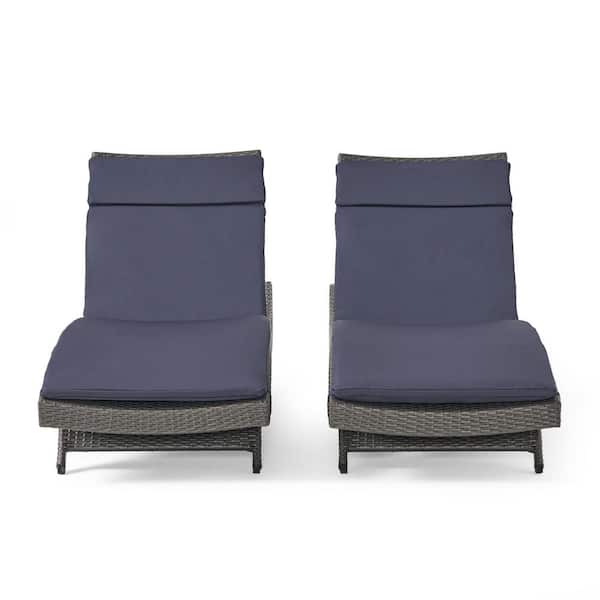 Salem Grey 2-Piece Faux Rattan Outdoor Patio Chaise Lounge with Navy Blue Cushions