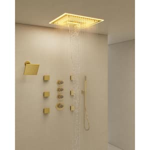 6-Spray 16 in. and 6 in. LED Music Ceiling Mount Dual Shower Head Fixed and Handheld Shower 2.5 GPM in Brushed Gold