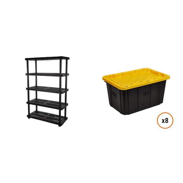 48 in. 5-Tier Black Garage Shelving Unit (75 in. H x 20 in. D) and 27 Gal. Black and Yellow Storage Tote (8-Count)