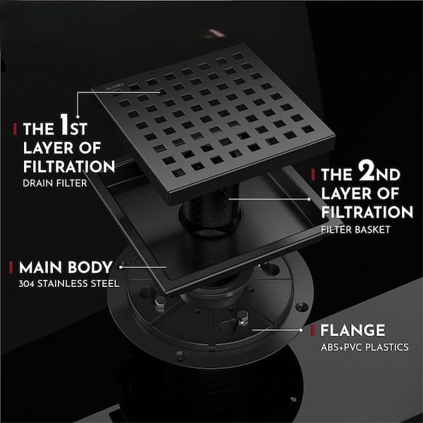 6 in. Square Shower Floor Drain with Removable Quadrato Pattern Grate, 304 Stainless Steel in Matte Black