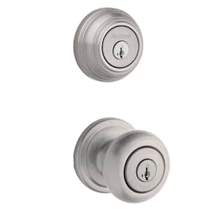 Juno Satin Nickel Exterior Entry Door Knob and Double Cylinder Deadbolt Combo Pack Featuring SmartKey Security