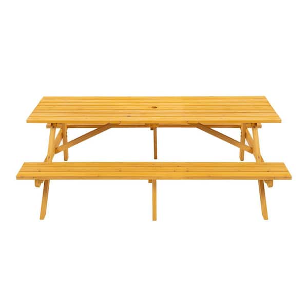 75 in. 8-Person Yellow Rectangular Wood Outdoor Picnic Table for Patio, Backyard, Garden, DIY with 2-Built-In Benches