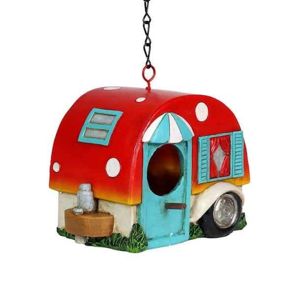 Exhart Hand Painted 5.5 in. x 6 in. Resin Red and Blue Hanging Camping Trailer Birdhouse