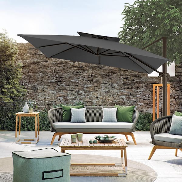 JEAREY 12 ft. x 12 ft. Square Outdoor Cantilever Umbrella Patio 2-Tier Top Rotation Umbrella with Cover in Gray