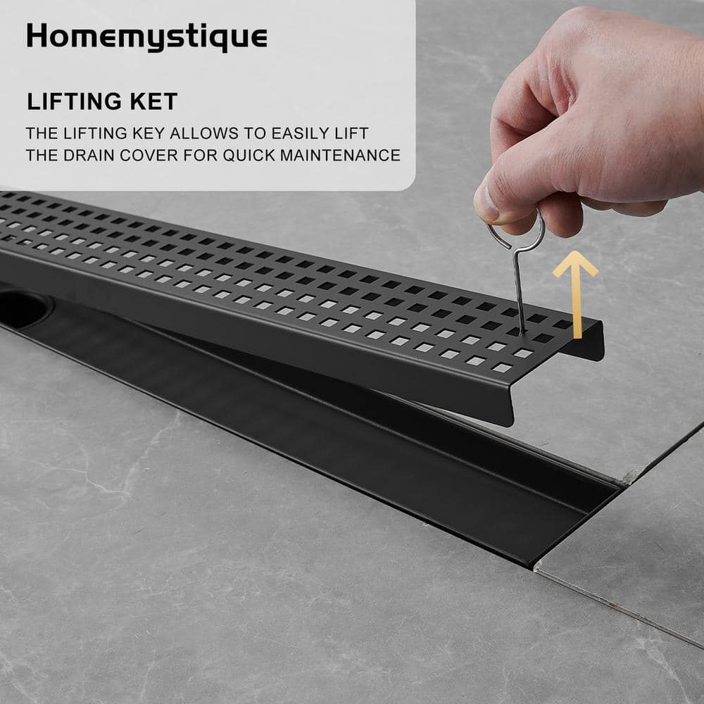 Matte Black Stainless Steel Linear Shower Drain with Square Pattern Cover