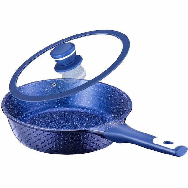 8 In. Nonstick Small Frying Pan with Lid, Blue Gradient Granite Derived Coating Skillet, APEO and PFOA