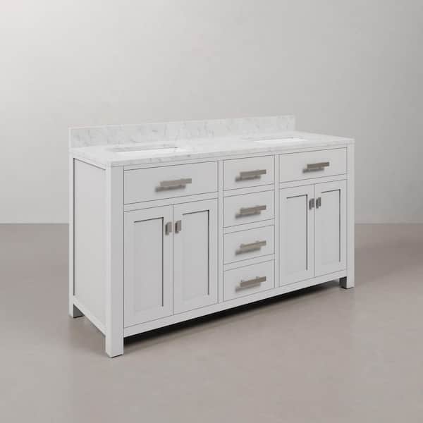 Madison 60 in. W x 21.5 in. D x 34 in. H Double Sink Bath Vanity in Pure White with Carrara White Marble Top