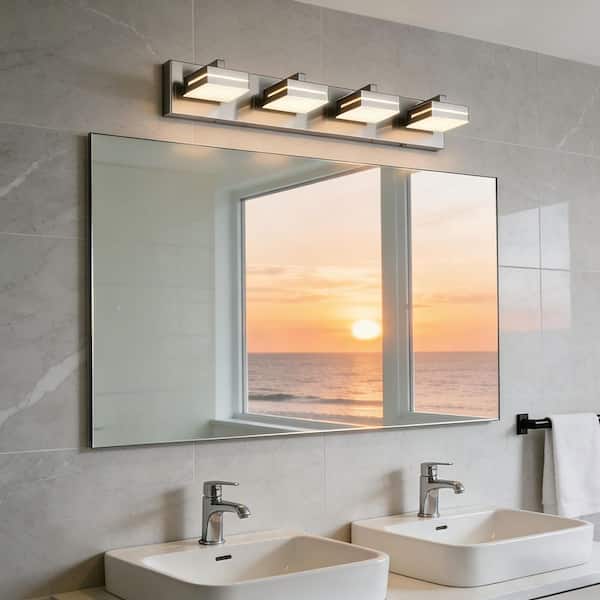 26.77 in. 4-Light Nickel Dimmable LED Bathroom Vanity Light with 5-CCT Adjustable Switch