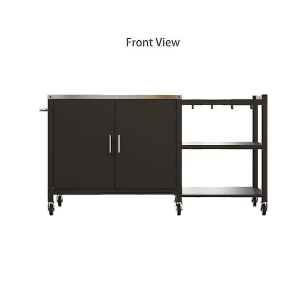 Black 60.8 in. Outdoor Kitchen Grill Cart with Stainless Steel Top-Mobile Island with Storage Cabinet and Shelves