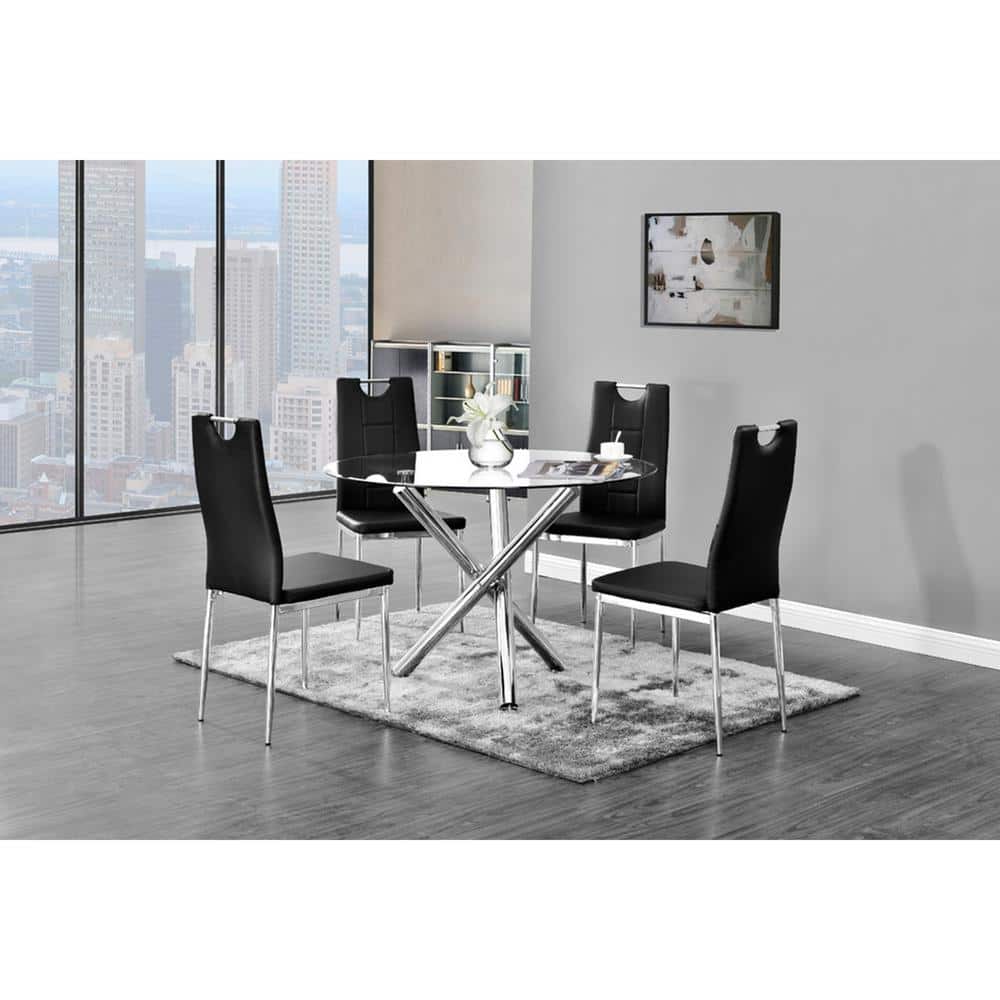 Modern Black Faux Leather and Chrome 5-Piece Round Glass Dining Set