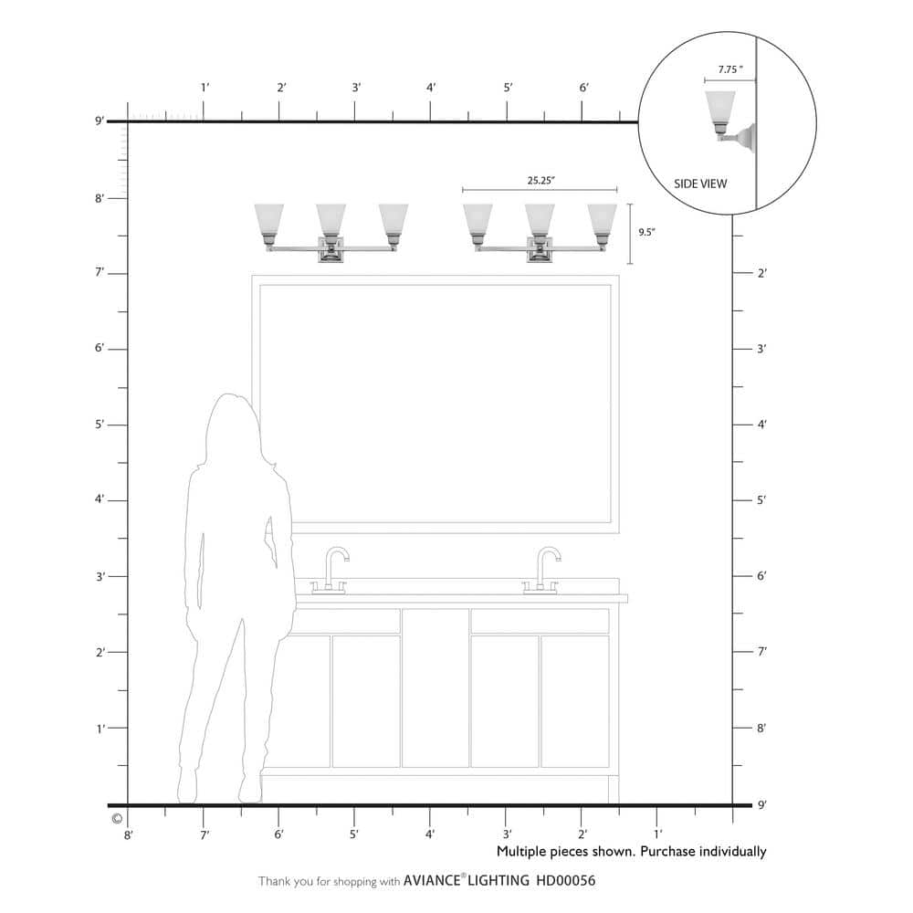Polished Chrome 3-Light Bath Vanity with Milk Glass Shades