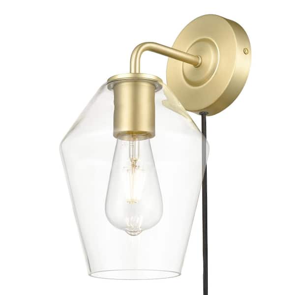 Brushed Brass Clear Plug In Wall Sconce, Home Depot Wall Lights Plug In