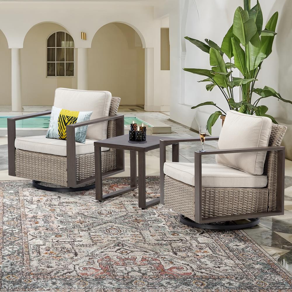 3-Piece Wicker Swivel Outdoor Rocking Chairs Patio Conversation Set with Metal Frame and Beige Cushions price history on PriceWatchPro