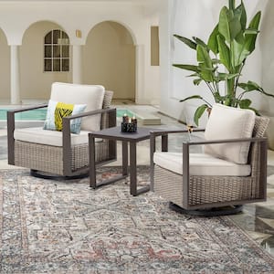 3-Piece Wicker Swivel Outdoor Rocking Chairs Patio Conversation Set with Metal Frame and Beige Cushions