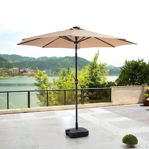 8.8 ft. Steel Tilt Market Solar-Powered Light-up Umbrella with Base in Khaki