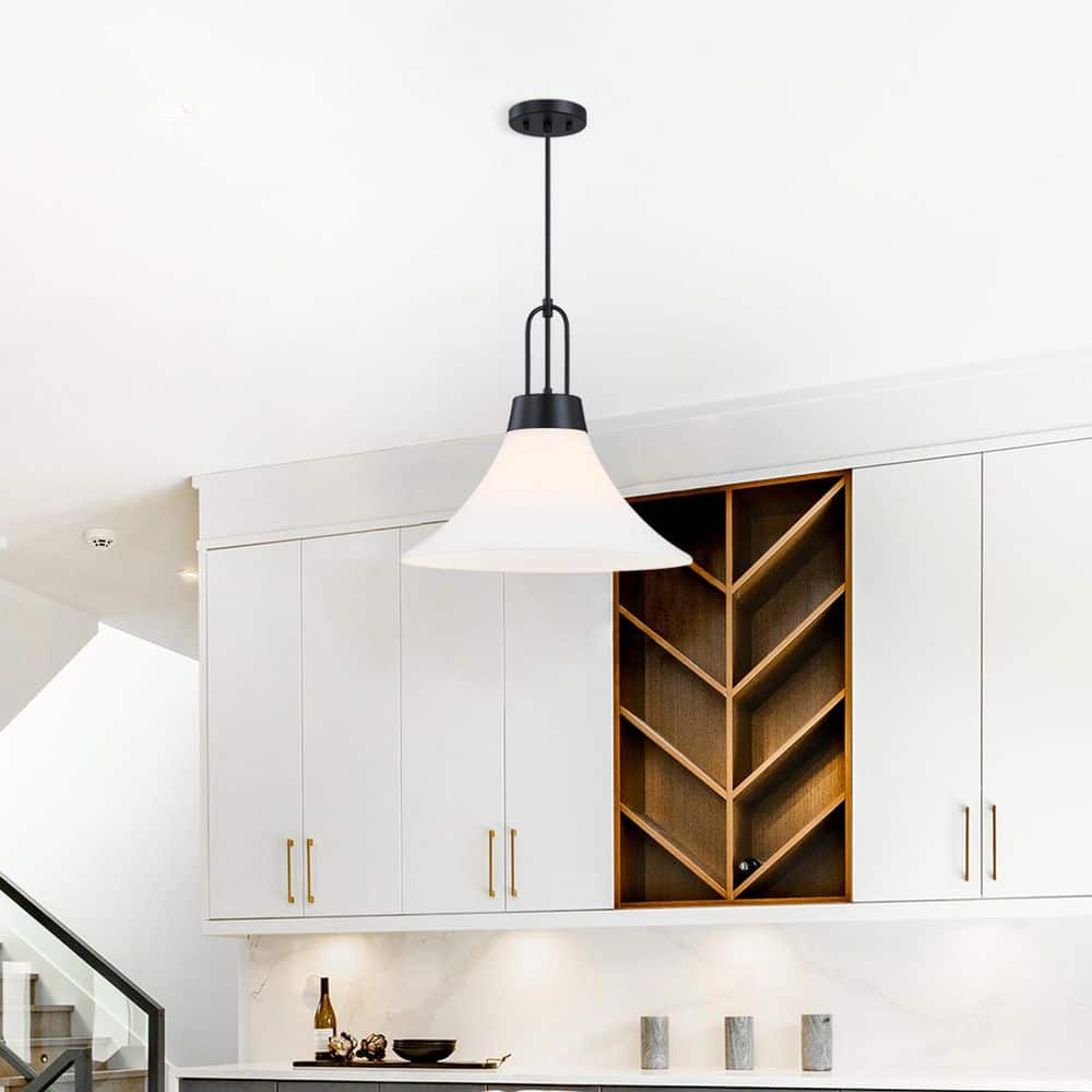 Evergreen Oasis 60-Watt 1-Light Matte Black Down Pendant Light with Etched Opal Glass Shade price history on PriceWatchPro