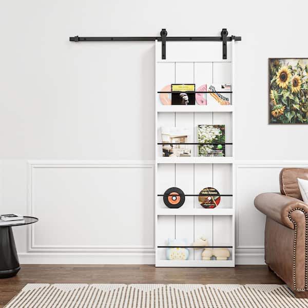 30 in. x 84 in. White Primed Composite MDF Storage Style Shelves Sliding Barn Door with Hardware Kit and Soft Close